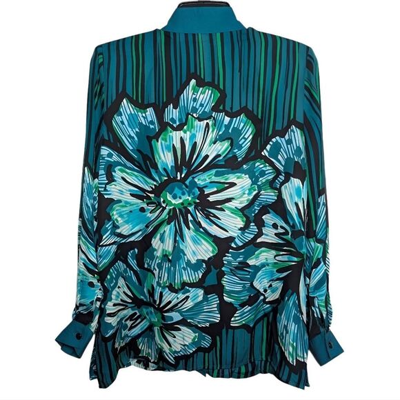 Bob Mackie Wearable Art Teal Blue Green Silk Floral Striped Button-Up Blouse XS - Picture 2 of 7